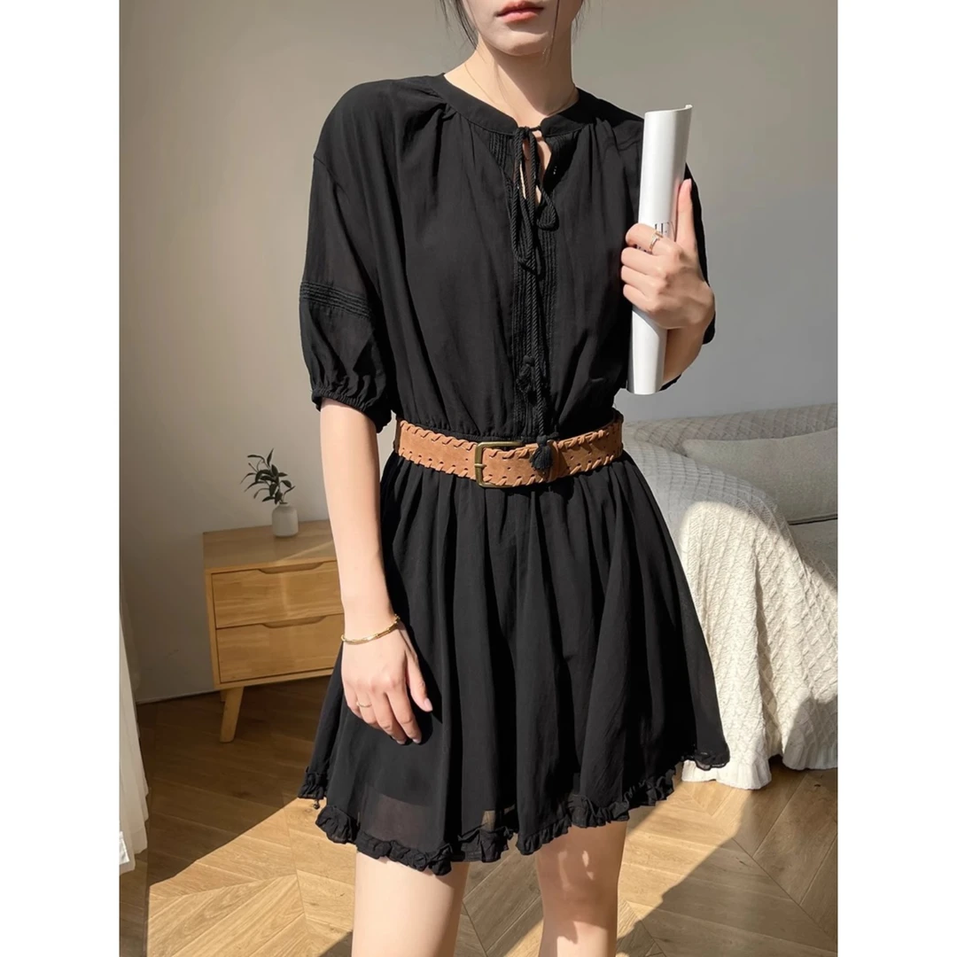 黑色短袖连衣裙女夏季2025新款显瘦五分袖T恤裙子系带收腰a字短裙