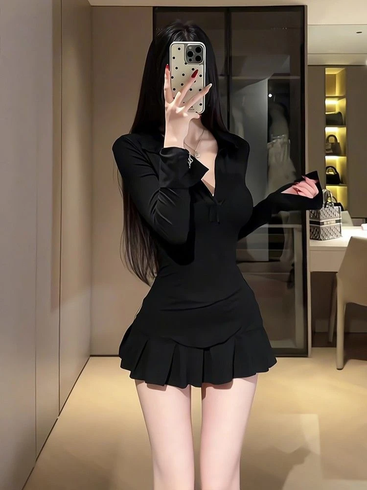 法式纯欲辣妹黑色连衣裙两件套装女2025新款秋季气质微胖掐腰短裙