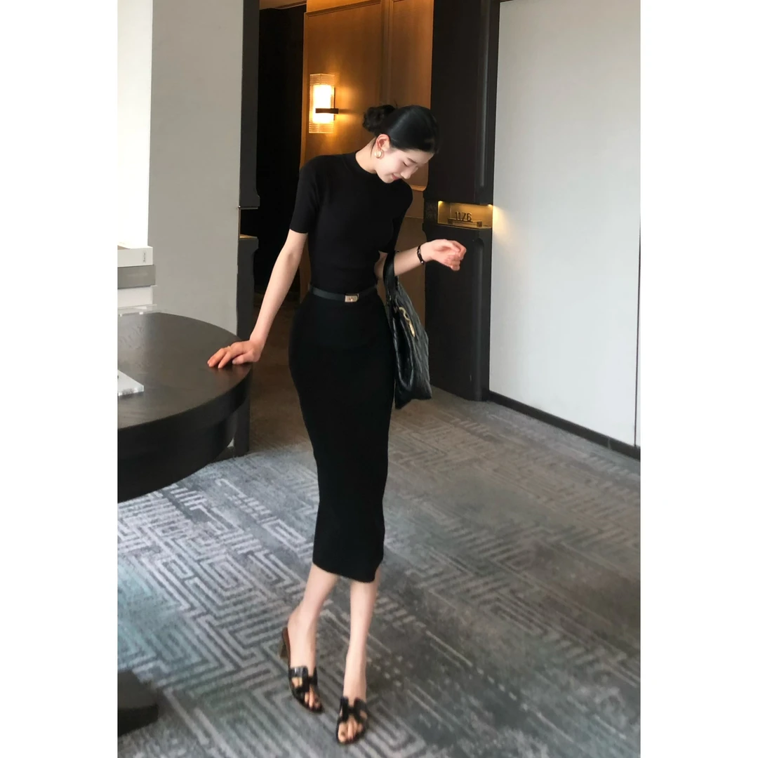 【韩式女主角】大女主气质极简中长款夏季修身女连衣裙中高领包臀裙