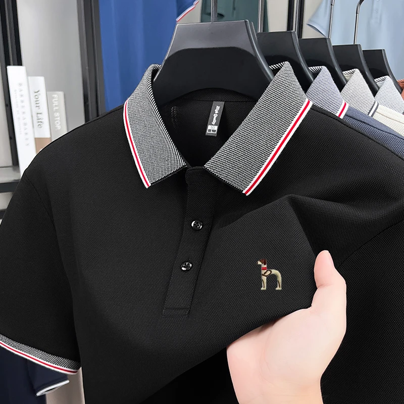 奥莱专柜正品桑蚕丝短袖T恤男夏季时尚透气棉翻领刺绣polo衫男装