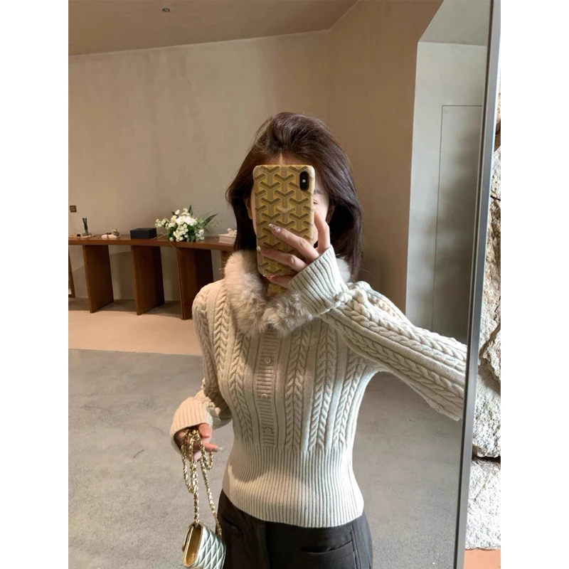 可拆卸毛毛领麻花针织毛衣女短款设计感长袖毛线上衣