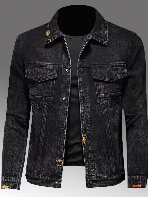 昆加希毕欧洲站牛仔外套男士春秋季新款百搭休闲黑色翻领夹克