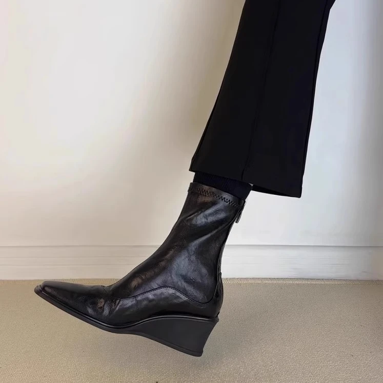 牛皮版~新款后拉链高跟短靴通勤单靴厚底坡跟靴子方头弹力瘦瘦靴