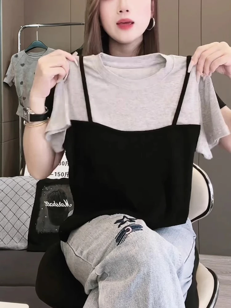 2025夏新款假两件短袖上衣女修身显瘦小众撞色T恤设计感拼接体恤