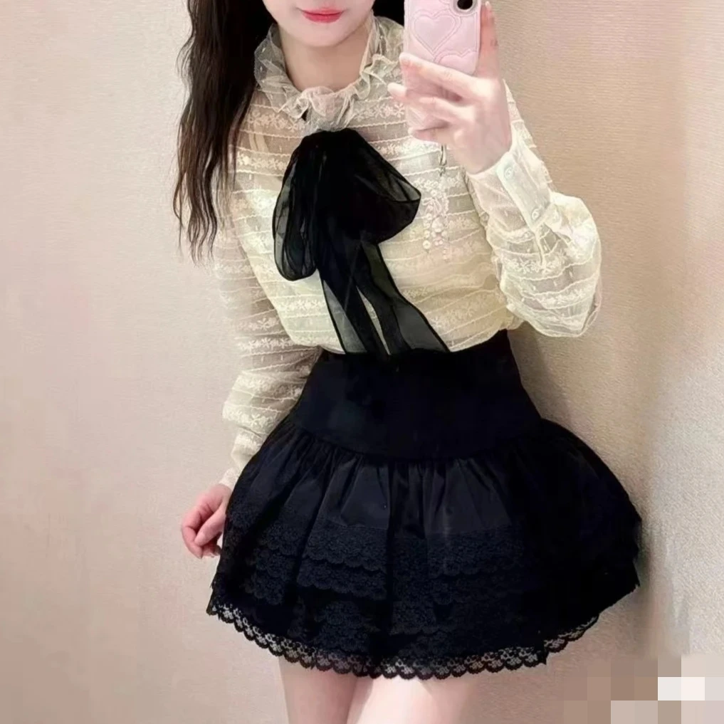 SZSALI 定制法式甜美蕾丝泡泡袖花边长袖衬衫高腰气质两件套