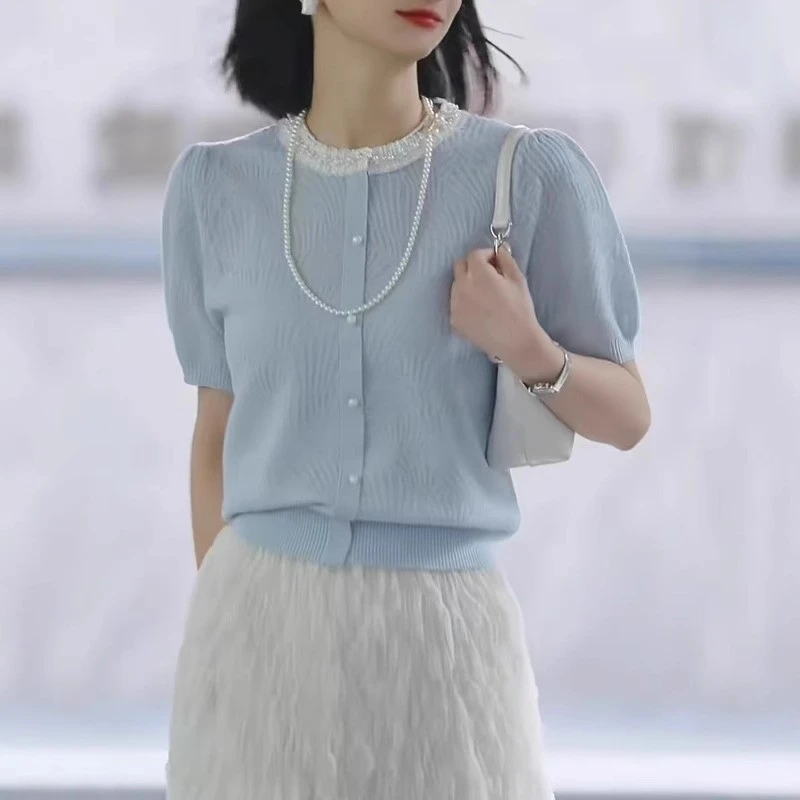2025爆款大码胖欧货重工钉珠设计针织衫夏季独特别致巨好看气质短