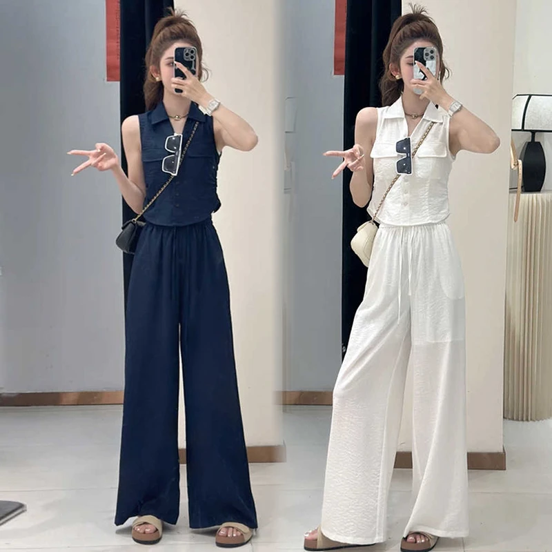 时尚套装女2025夏季新款洋气显瘦无袖马甲上衣高腰阔腿裤两件套潮