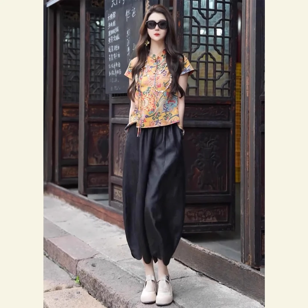 新中式复古黄色印花短袖衬衣女款夏季2025新款斜襟盘扣国风套装裤