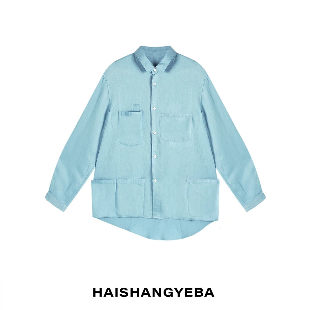 【海上叶爸】新款2025夏季百搭天丝男女同款翻领宽松休闲纯色衬衫