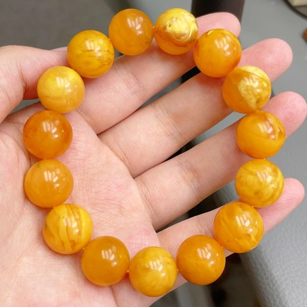 蜜糖色妖孽白花满蜡瑕疵蜜蜡15mm圆珠手串（112号）