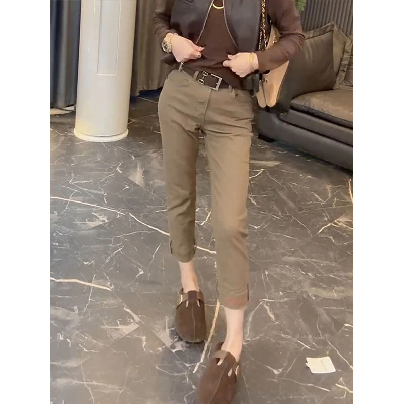 2025秋冬新款百搭直筒设计牛仔裤女显瘦大码小个子窄版弹力烟管裤