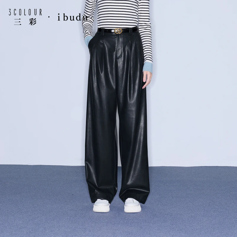 三彩ibudu2025冬季新款皮质休闲长裤PU宽松阔腿裤摩登女