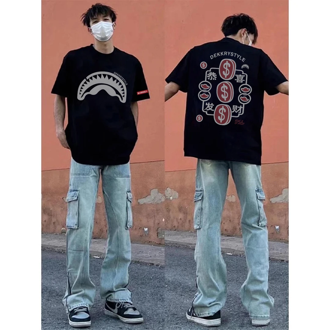 100%纯棉美式潮流金元宝印花短袖T恤夏季男女休闲宽松情侣款上衣