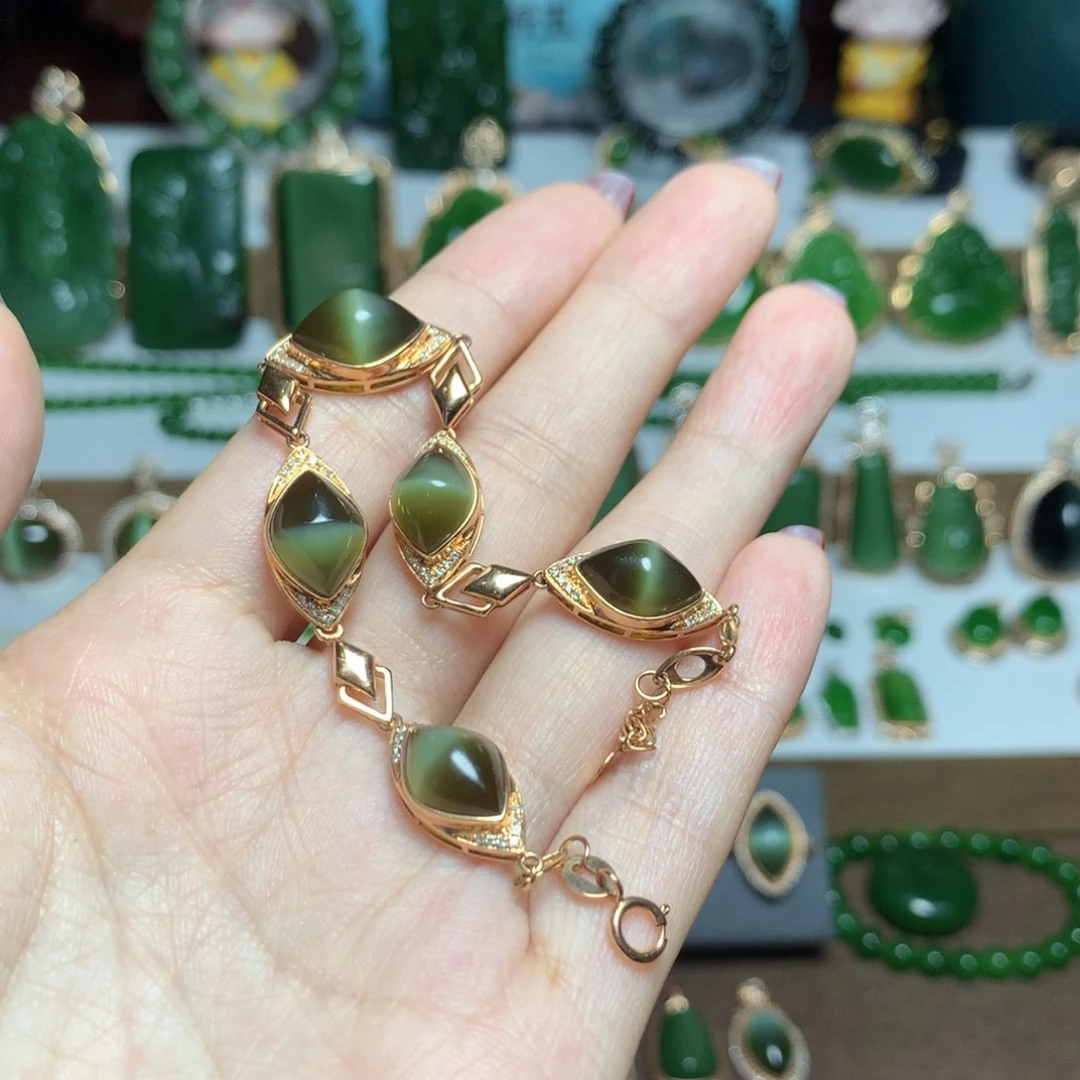 和田玉（碧玉）手链18K金镶嵌8***子