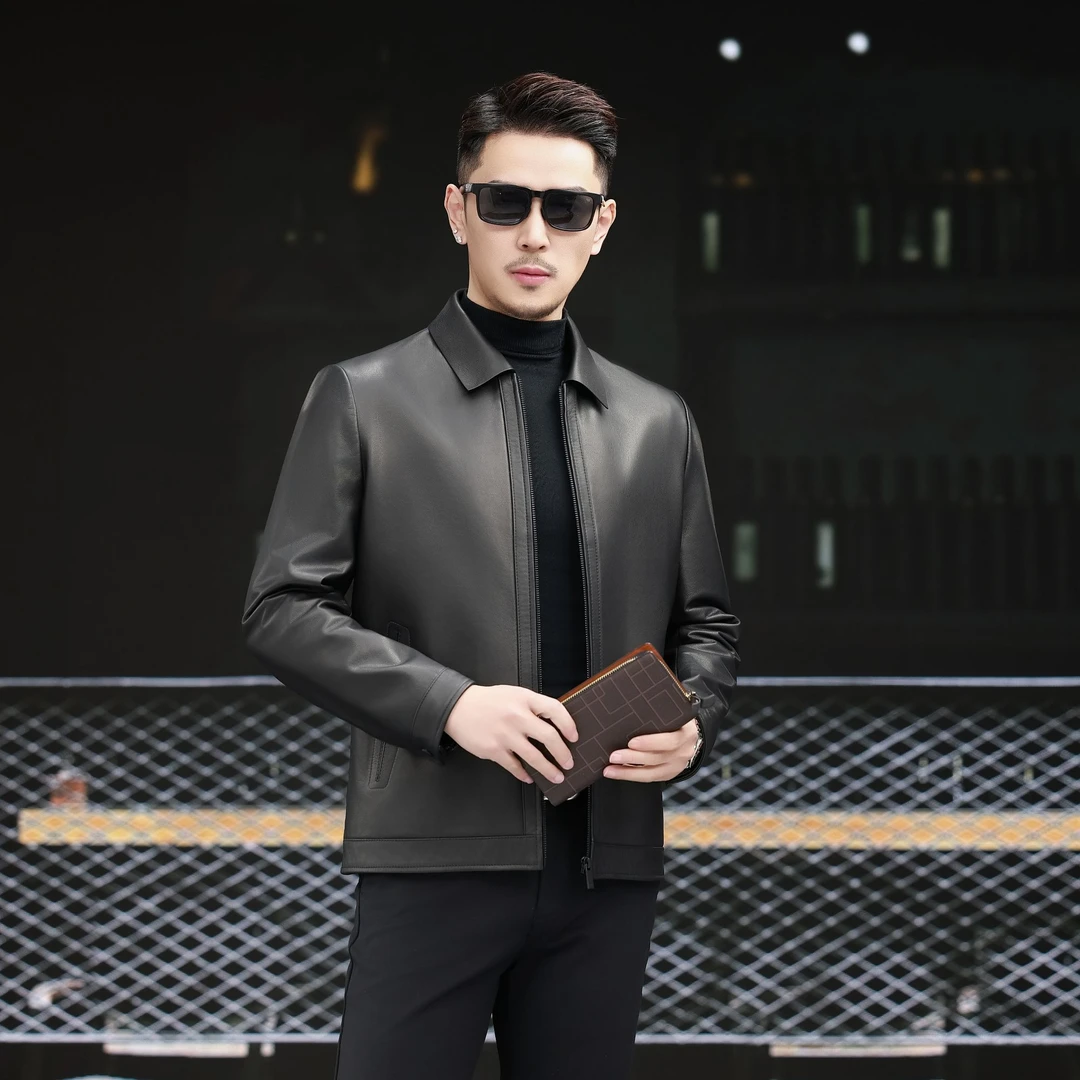 【致尊甄选】2025海宁春秋新款男士真皮牛皮商务休闲夹克25806