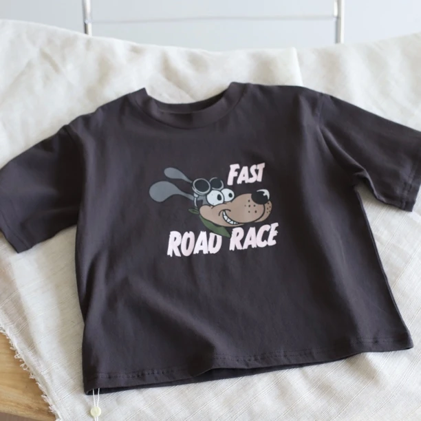 小码偏大100-160儿童韩版卡通短袖T恤小狗字母灰色短袖T恤