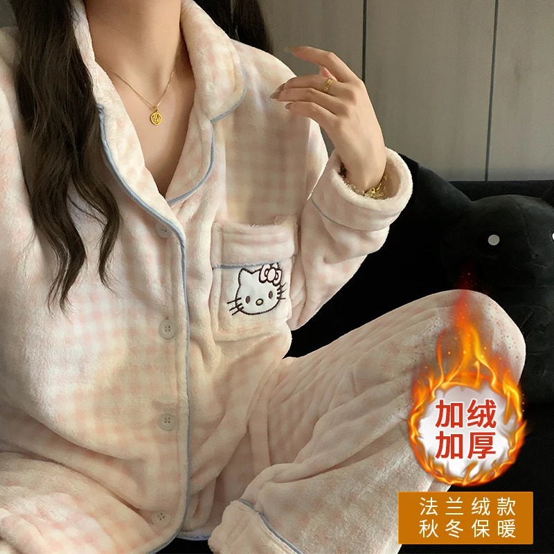 法兰绒秋冬睡衣套装女款加绒加厚甜美KT猫粉色格子保暖蓄热家居服