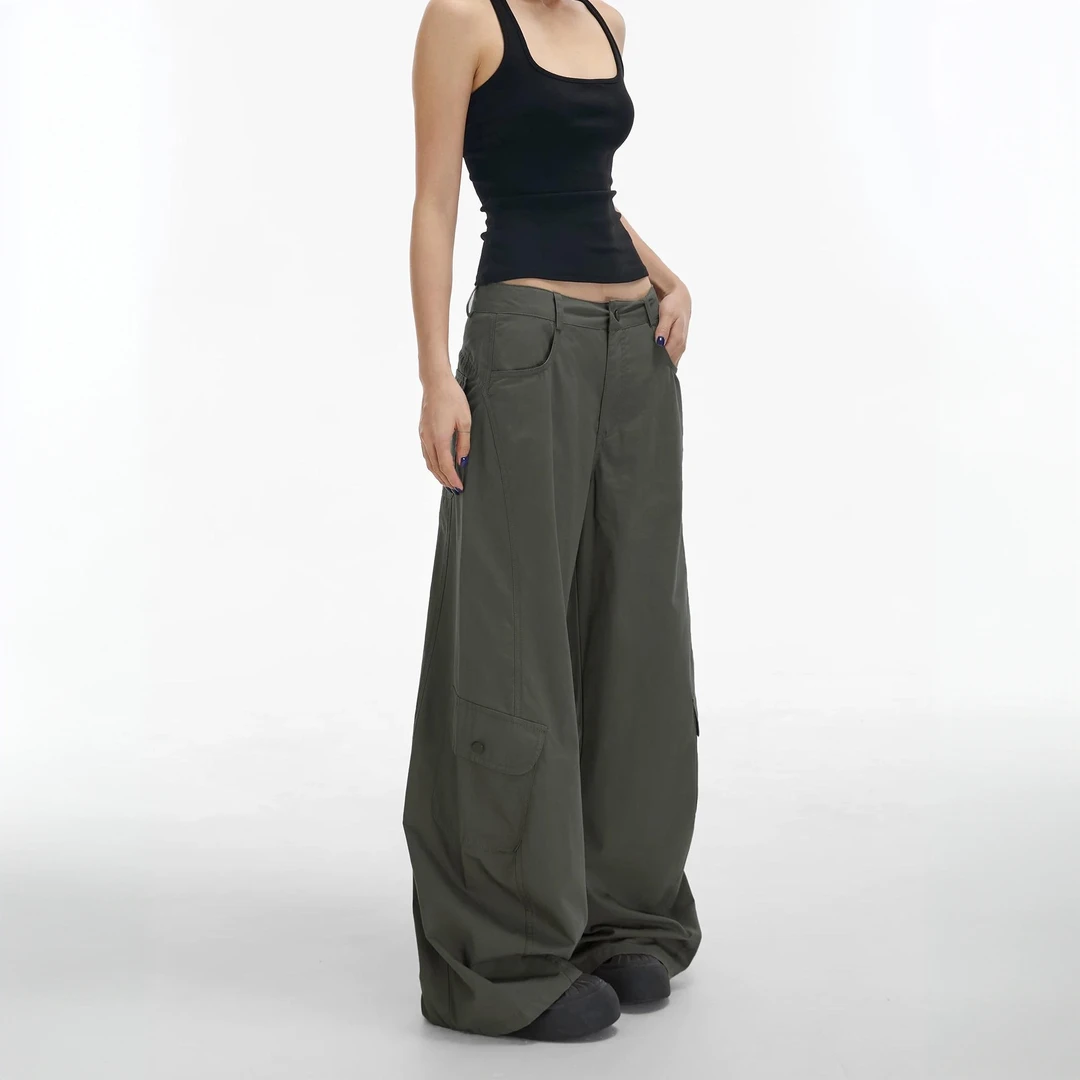 弯刀军绿色阔腿潮流休闲户外裤女2025年夏季高腰宽松显瘦工装裤子