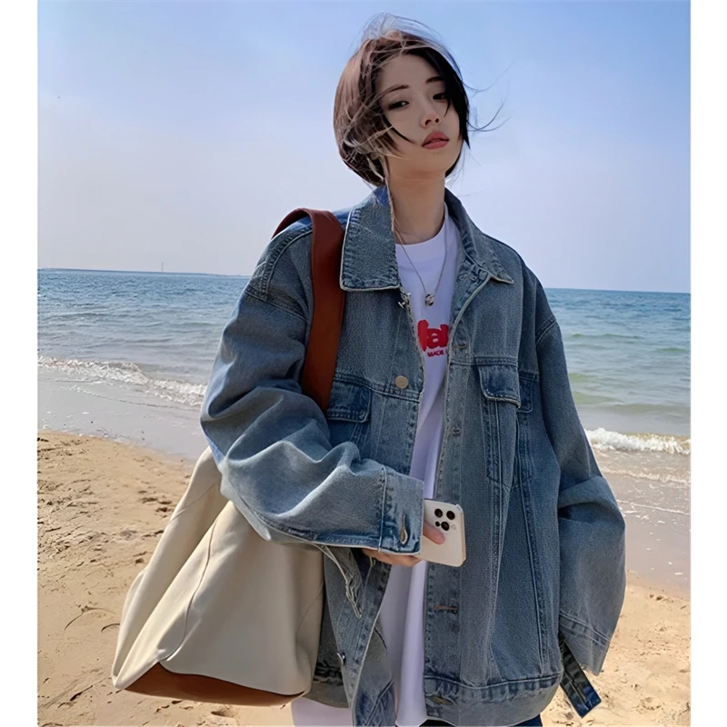 美式水洗做旧外套女2025春秋新款潮流牛仔宽松休闲长袖夹克上衣潮