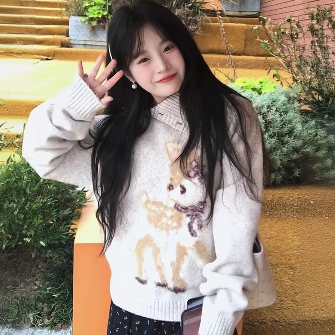 韩系高领毛衣女秋冬季新款小鹿提花不规则针织衫休闲可爱百搭上衣