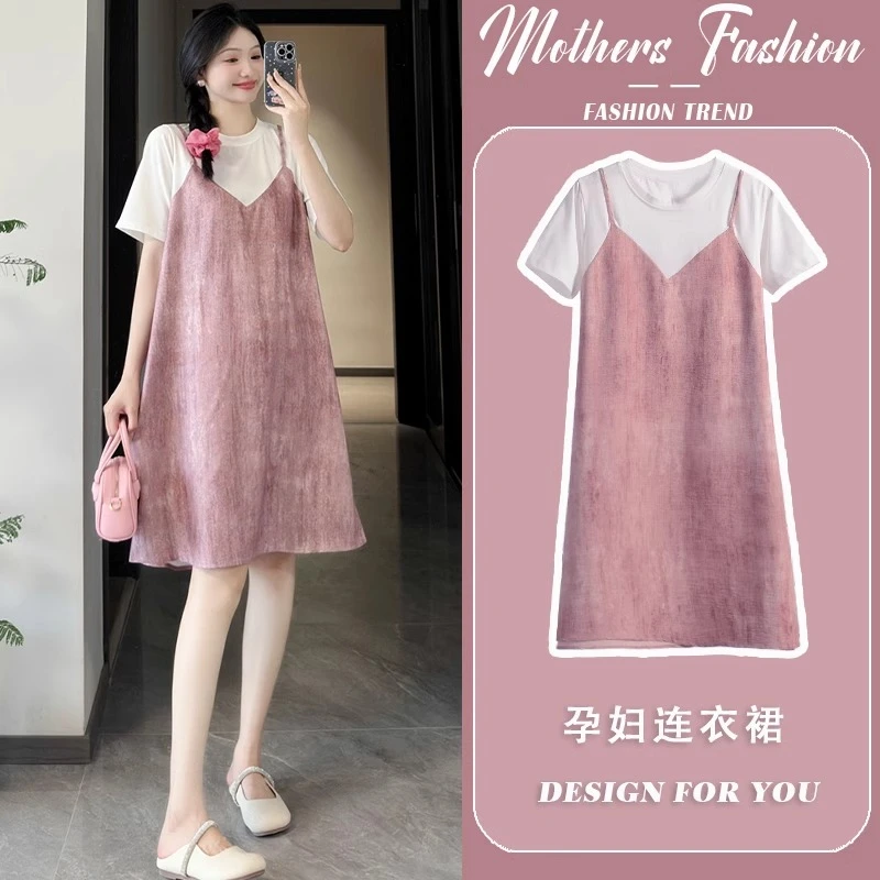 孕妇连衣裙夏季2025新款粉色拼接假两件小个子薄款短袖宽松中长款
