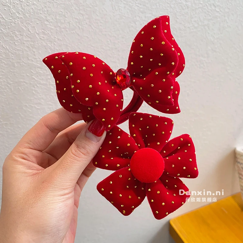 儿童新年红色蝴蝶结花朵发圈女童扎头发马尾发绳女孩春节拜年头饰