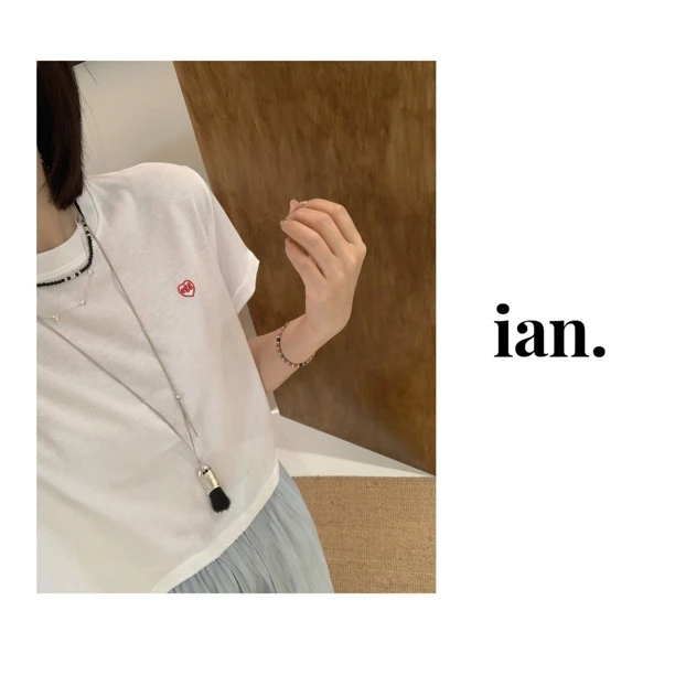 【ian】简约圆领短袖T恤舒适亚麻刺绣爱心打底衫夏季宽松上衣