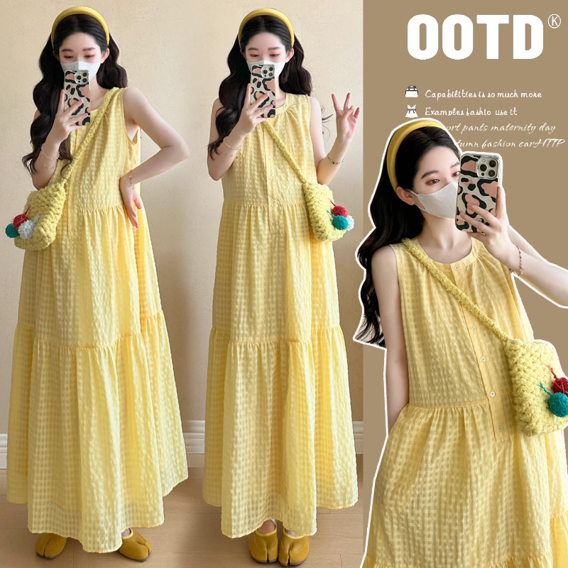 孕妇装夏季新款洋气显瘦大码宽松度假风夏天格子背心孕妇连衣裙