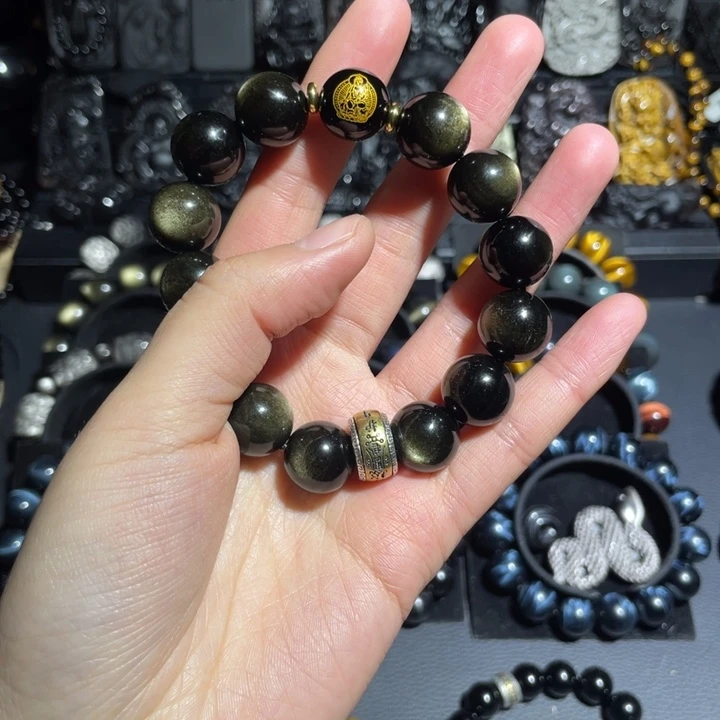 黑曜岩手串未镶嵌周*豆猴12mm