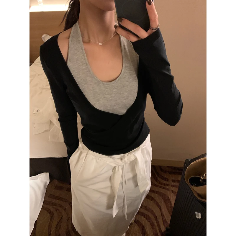 NSCM网红洋气炸街女装秋季新款设计感小众百搭假两件长袖打底上衣