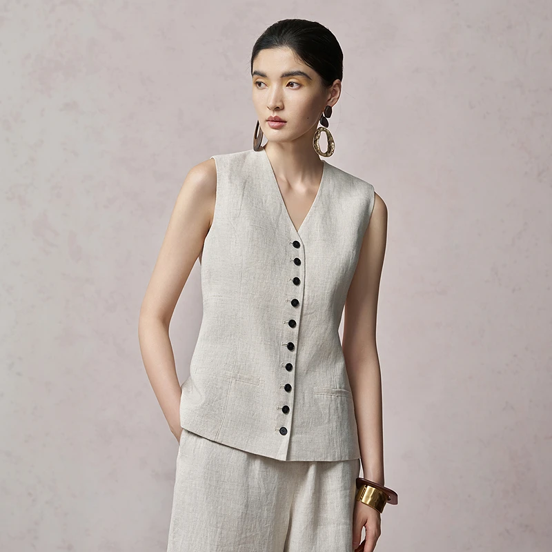 生活在左亚麻马夹百搭设计感修身显瘦2025秋季新款无袖外套上衣女