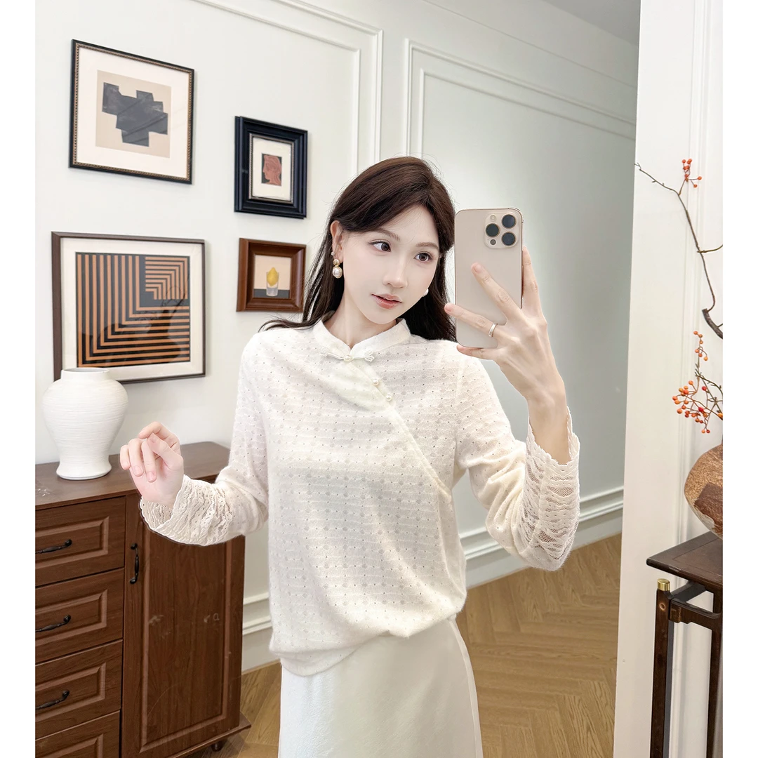 果果家 新中式国风立领蕾丝拼接针织衫女2025冬季新款高级感上衣