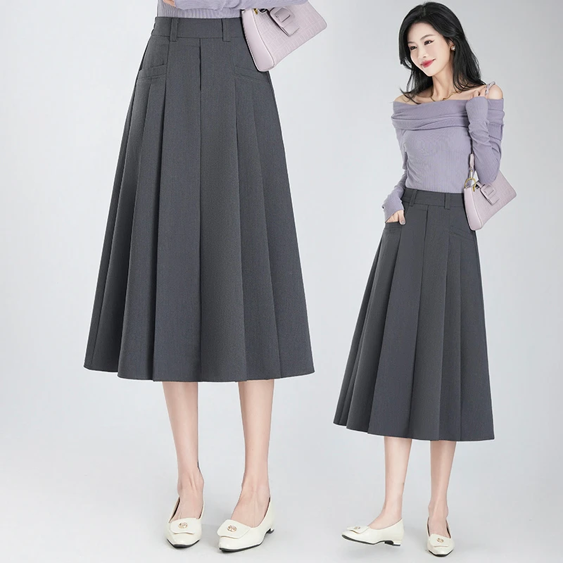 灰色中长裙学院风高腰纯色半身裙百搭夏季气质灰色黑色百褶长裙