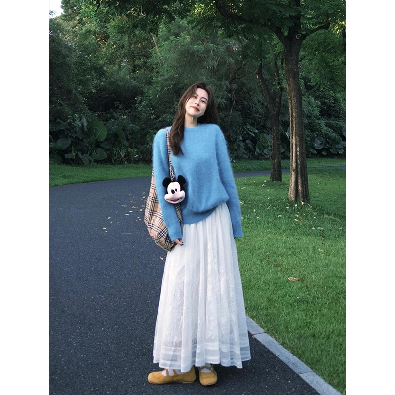 韩系松弛感穿搭套装女早秋2025新款蓝色针织毛衣超仙半身裙两件套