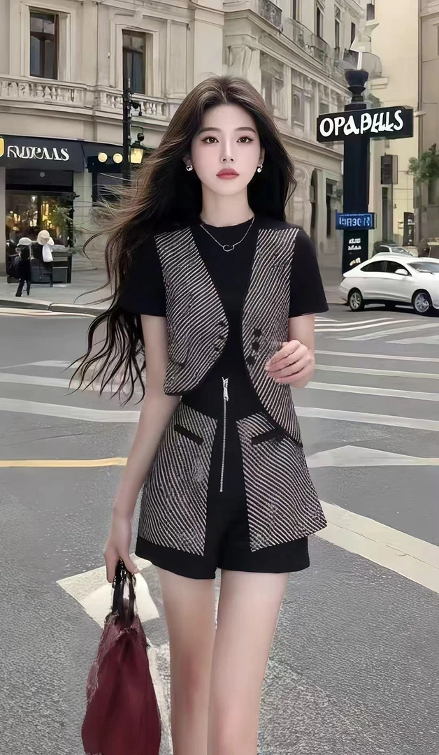 别致设计感黑色圆领不规则短袖上衣+百搭显瘦短裤女时尚两件套