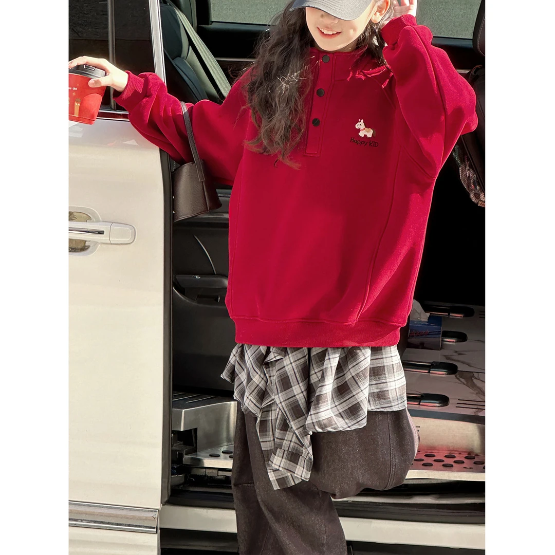 K30482半开高领女童红色卫衣加绒加厚秋冬装新款2025儿童上衣年装