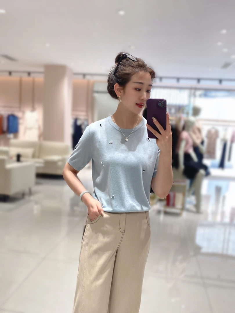 25210973【高斯雪岚】夏季新品时尚百搭手工穿珠显白圆领套头针织衫