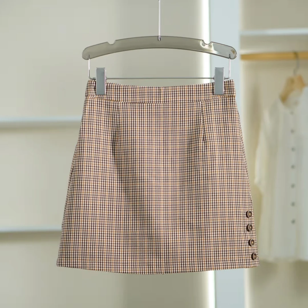 【诗M】E384 女装时尚休闲格子短半裙卡其 莉推荐
