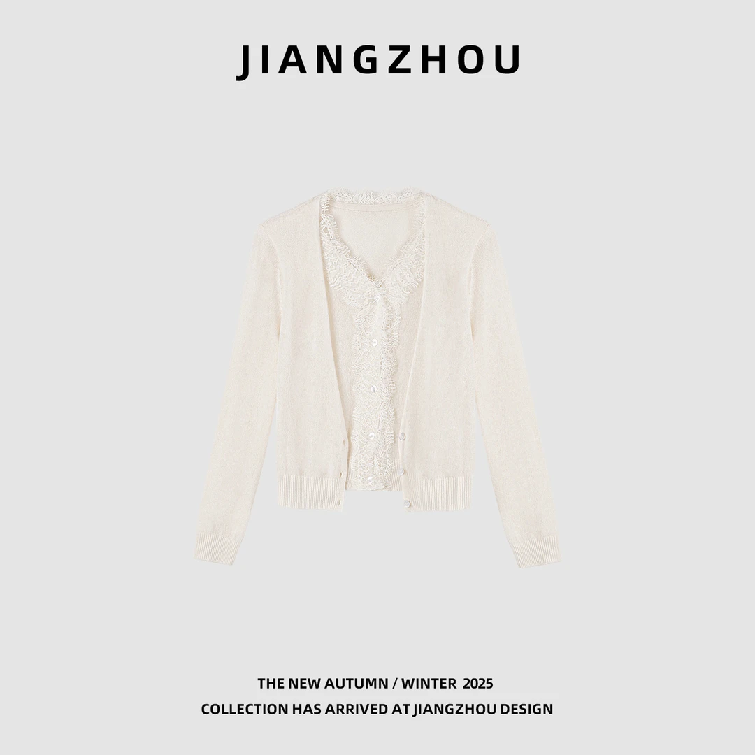 江洲【洛茗】秋季新款轻熟风山羊绒V领蕾丝拼接假两件针织开衫毛衣