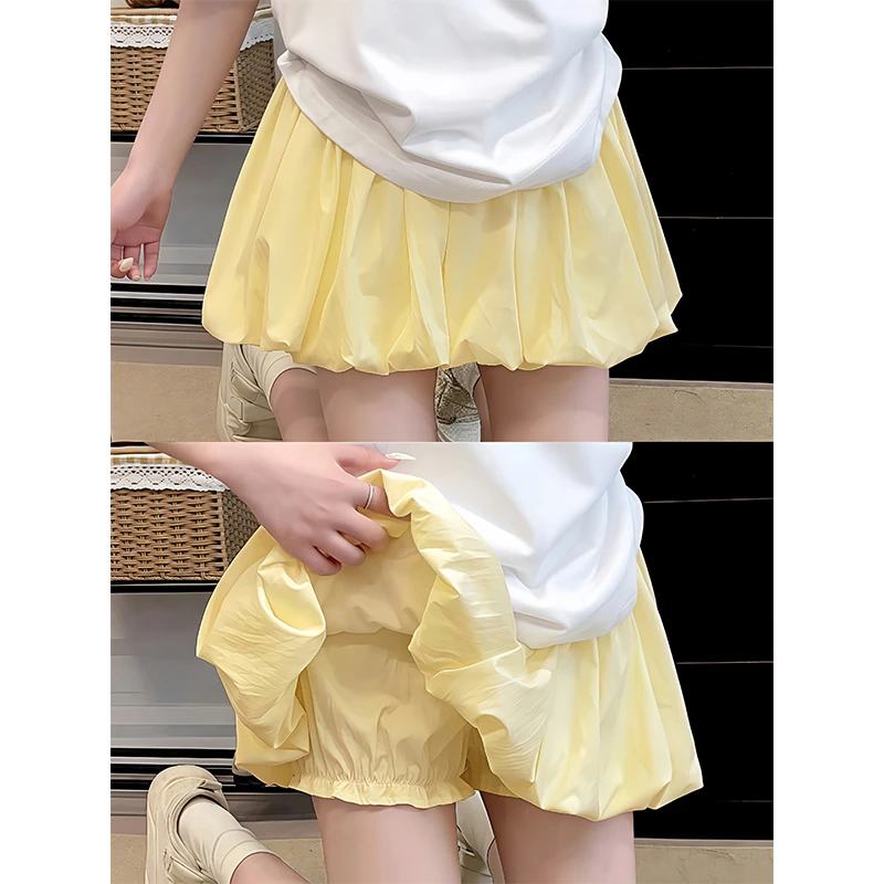 黄色花苞短裙女外穿夏季薄款2025新款小个子休闲灯笼裙蓬蓬半身裙