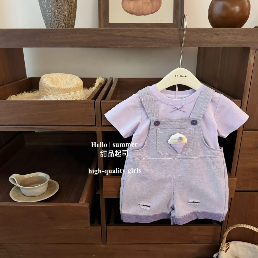 【甜品起司】可爱犯规！女宝宝冰淇淋紫色牛仔背带裤T恤短袖两件套