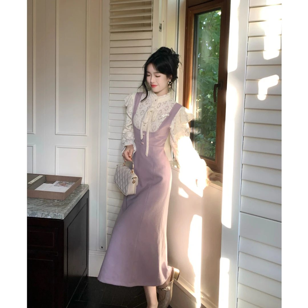 【糖糖】大码女装气质名媛蝴蝶结长袖拼接收腰洋气连衣裙12993