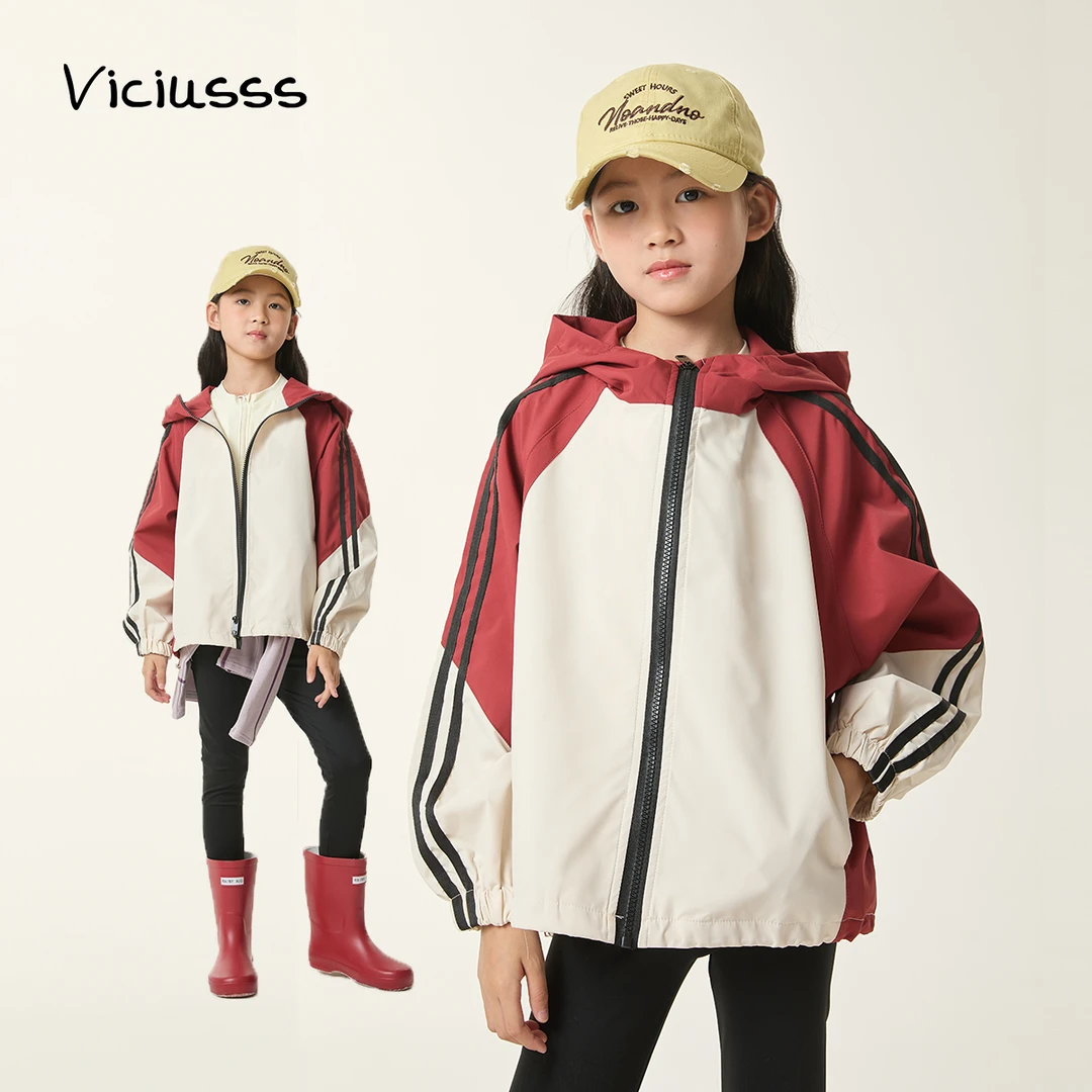 viciusss丸社儿童冲锋上衣2025新款秋装户外连帽拉链休闲工装外套
