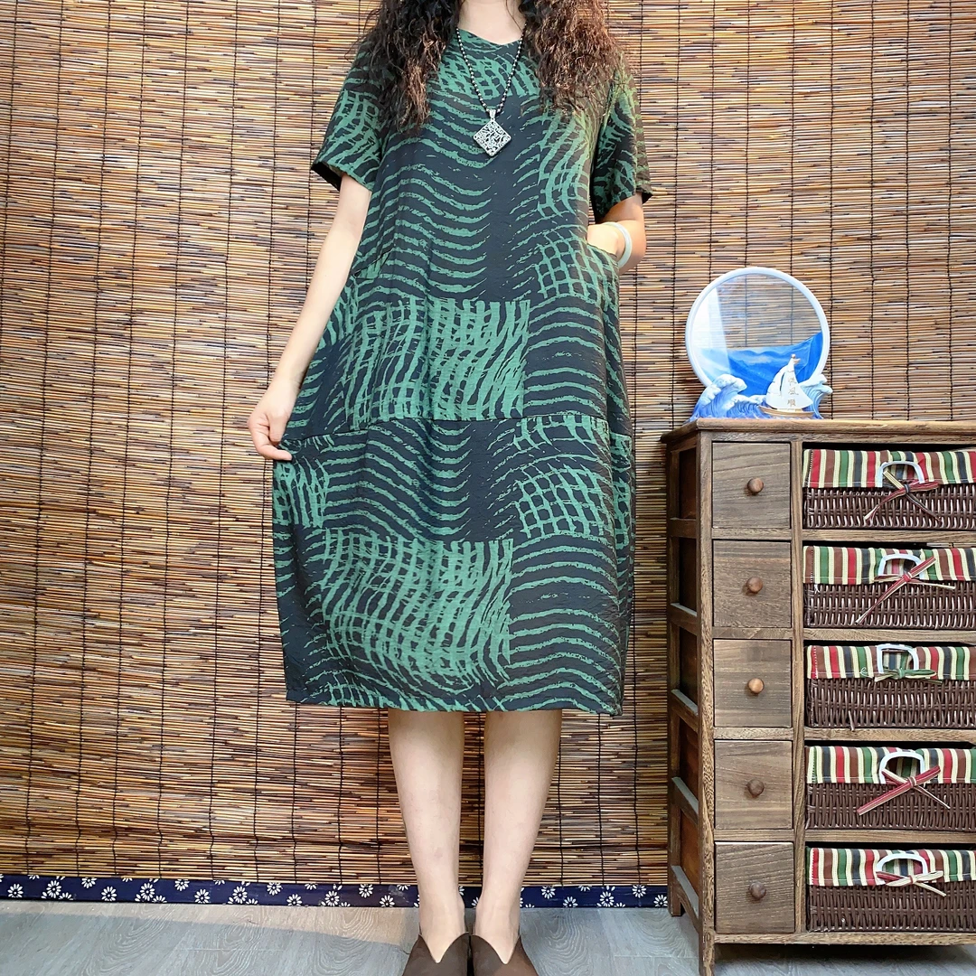 9834夏季新款文艺优雅短袖显瘦气质A字版大摆连衣裙时尚