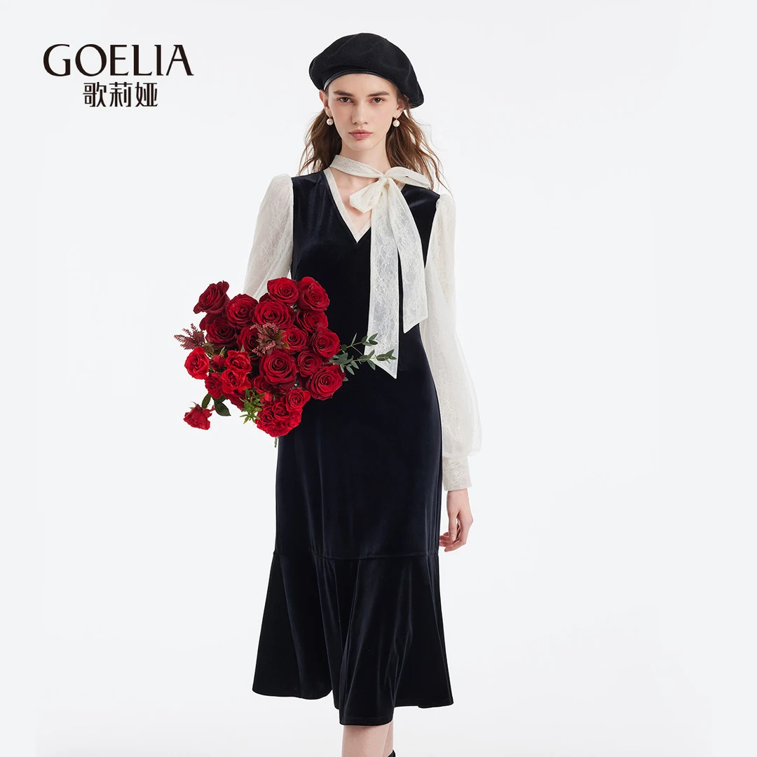 【专柜现货】歌莉娅 法式复古拼接丝绒连衣裙 1C1R4H470