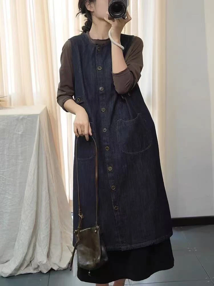 韩版日系简约风春季新款百搭创意纽扣双口袋显瘦牛仔背心裙