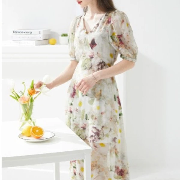 高级紫色】透气桑蚕丝时尚田园印花V领收腰五分袖A字长连衣裙3036