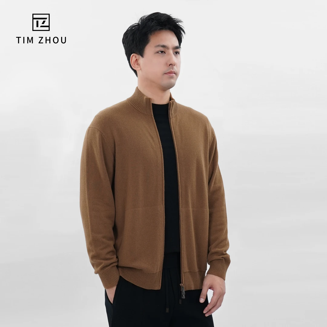 TIM ZHOU冬季骆马毛Vicuna男士立领开衫