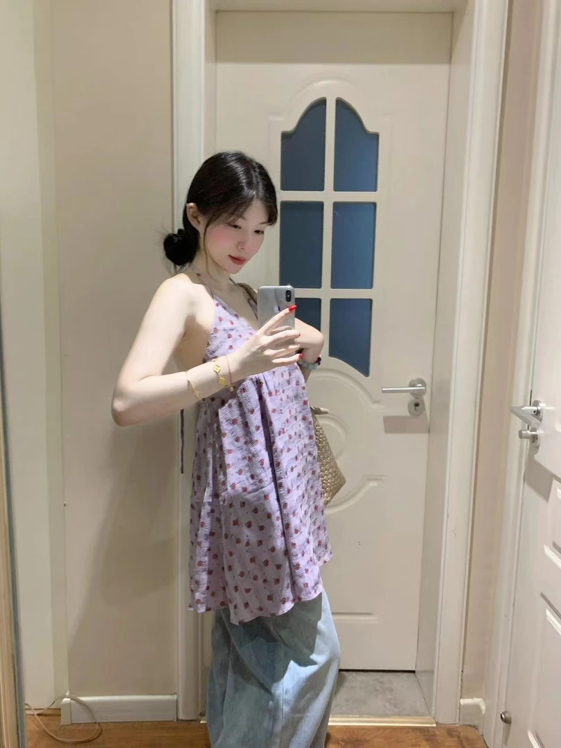 紫色碎花无袖背心中长款连衣裙女夏季叠穿必备小个子两件套