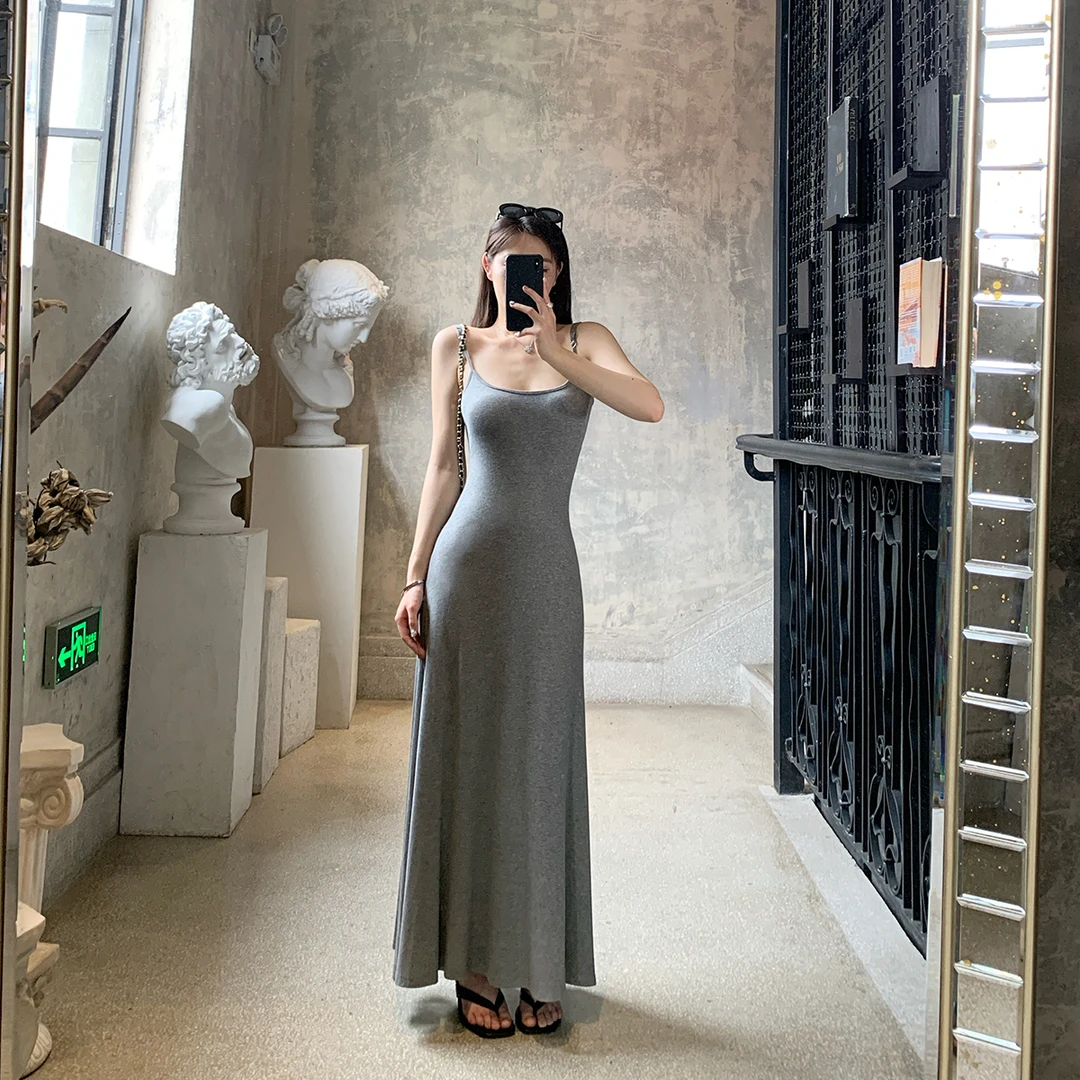 WITHMXBOOM灰灰家法式气质显瘦吊带长裙性感辣妹无袖包臀连衣裙女